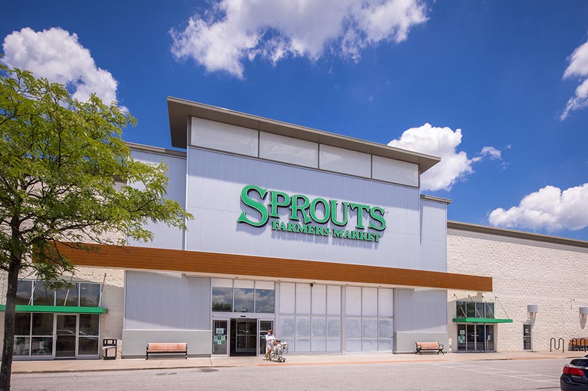 Sprouts storefront at Goucher Commons shopping center.