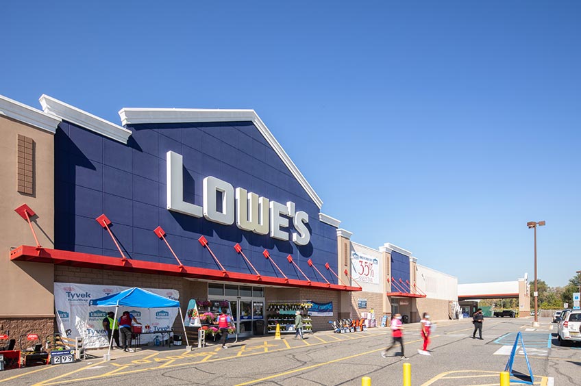 Lowe's storefront at Hudson Commons shopping center.