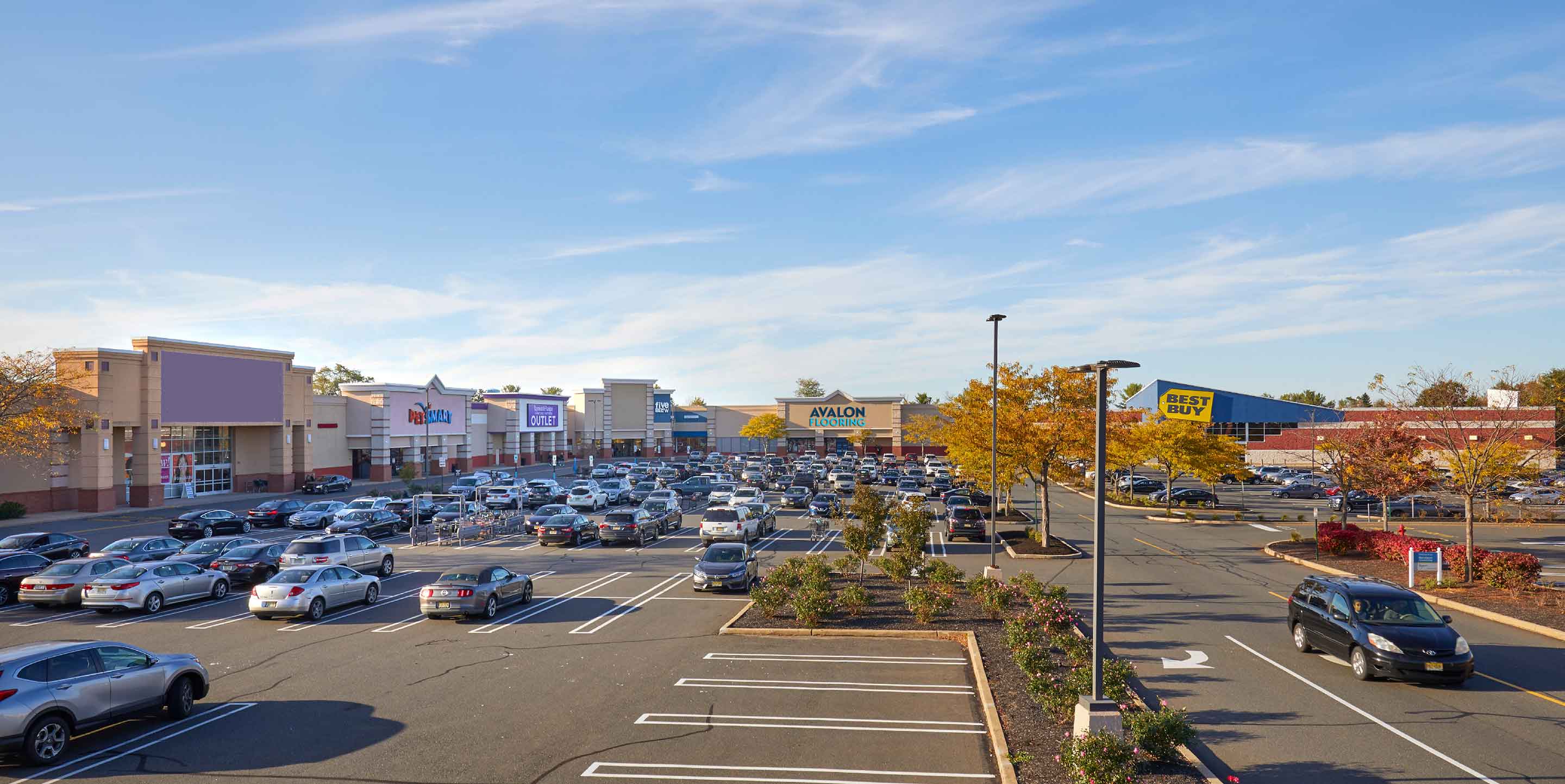 Image of Manalapan Commons shopping center with various shops and parking spaces.