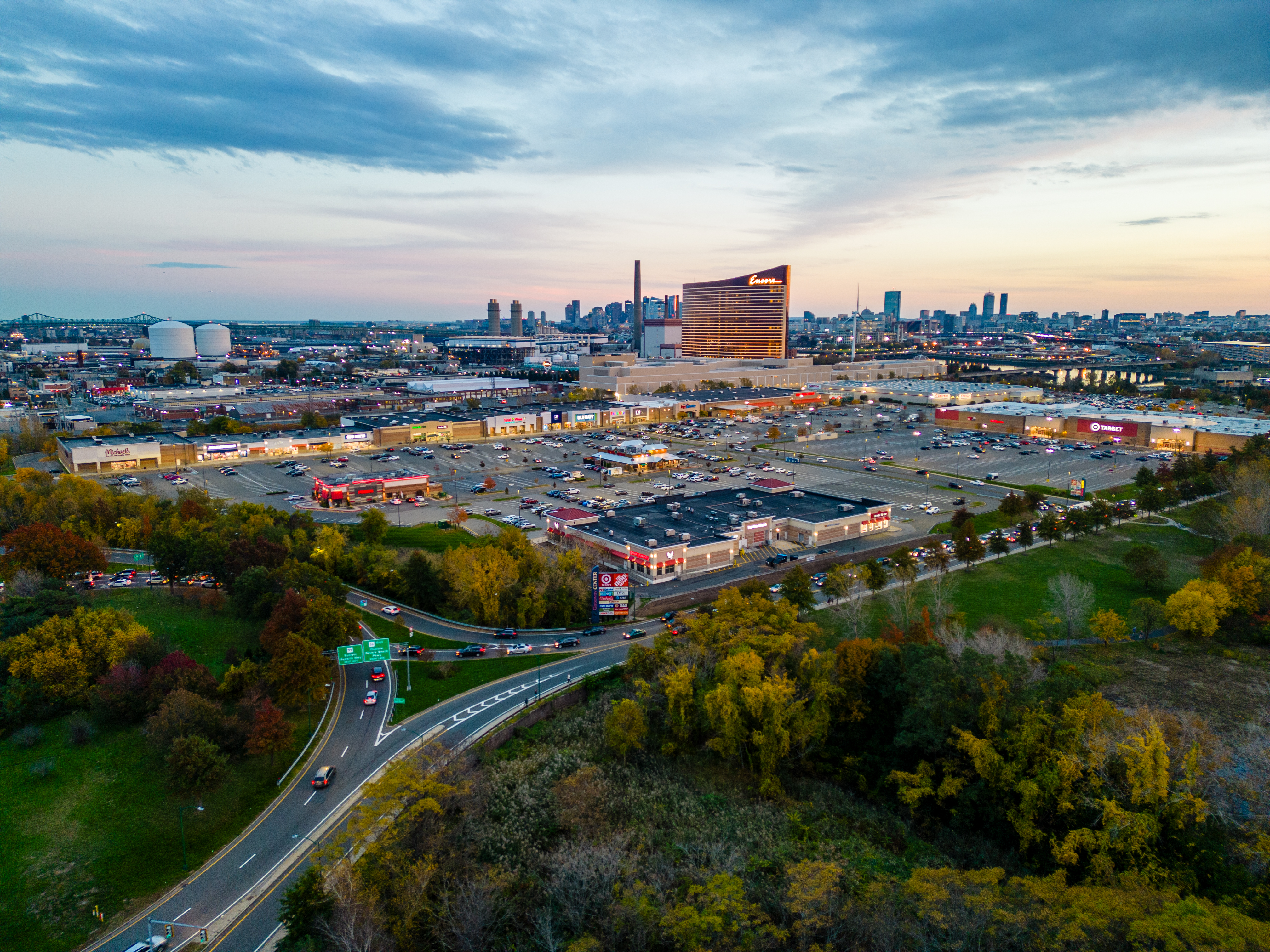 Aerial view of Gateway Center at dusk