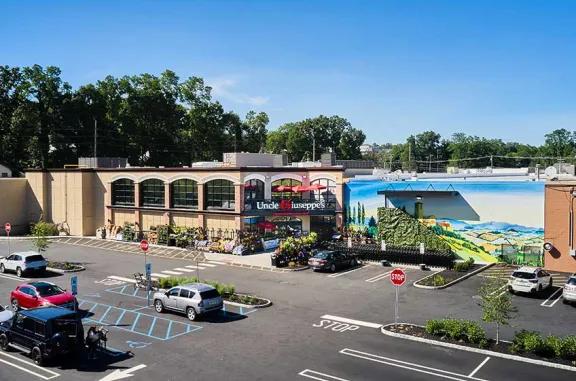 Detailed view of Briarcliff Commons shopping center with various stores.