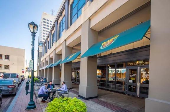 Storefronts at Rockville Town Center shopping center.